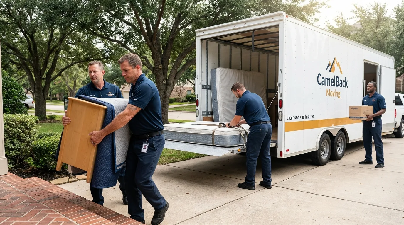 Crew loading residential truck for cross-state move from Corona, CA