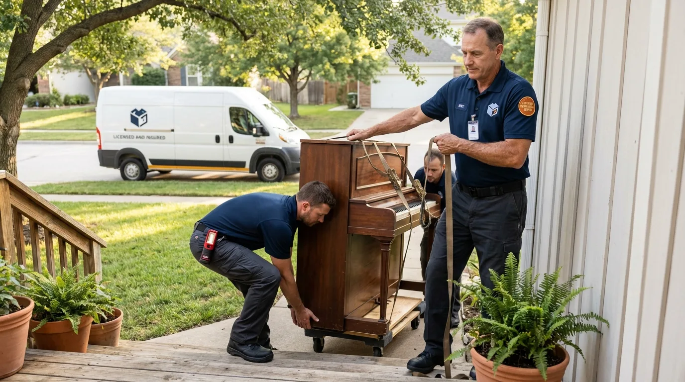 Licensed piano movers securing grand piano in Corona, CA