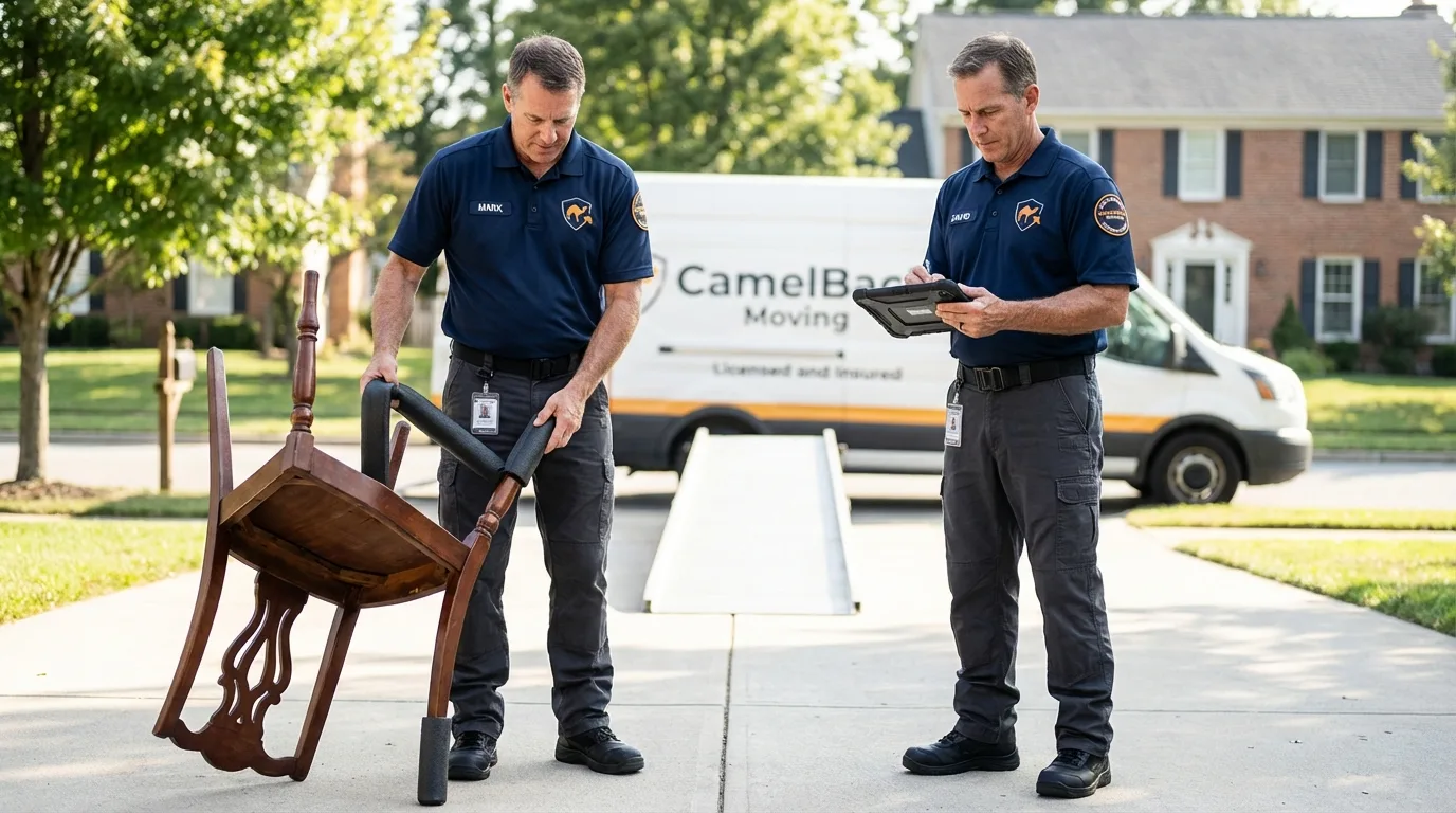 Movers inspecting furniture for damage prevention before loading in Corona, CA