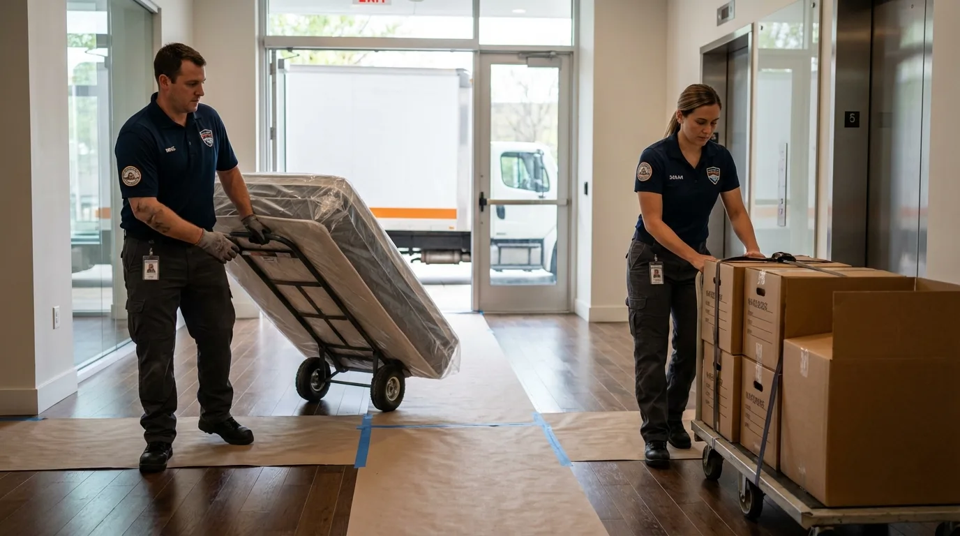 Professional apartment movers loading elevator in Corona, CA